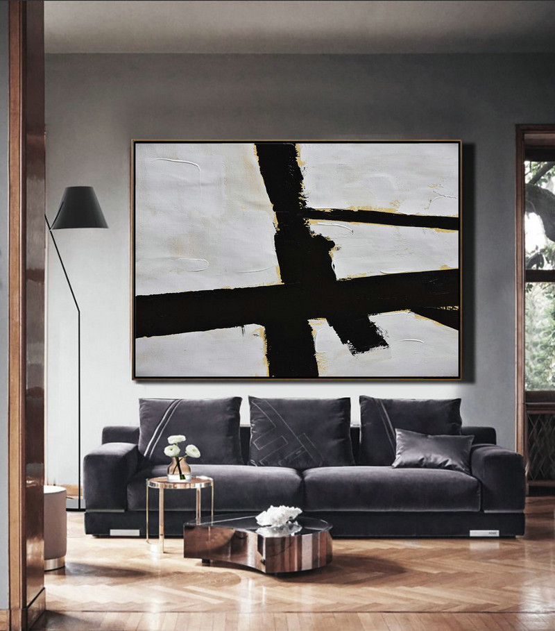 Hand Paint Abstract Painting,Horizontal Palette Knife Minimal Canvas Art Painting Black White Beige - Abstract Painting For Home